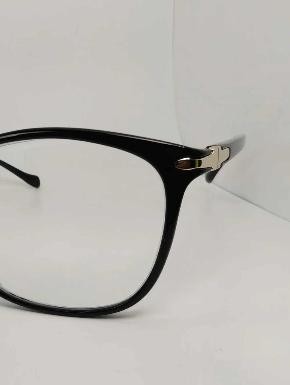 Nola. Classic Black Women's Eyeglass Frames. Gold Shield At Temple Corners.